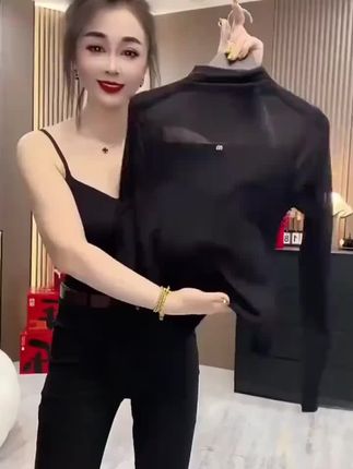 网红时尚半高领黑色网纱长袖打底衫洋气修身显瘦女士长袖打底衫#气质女神范儿 #只做高品质 #高级感穿搭 #日常穿搭时尚 #百搭上衣