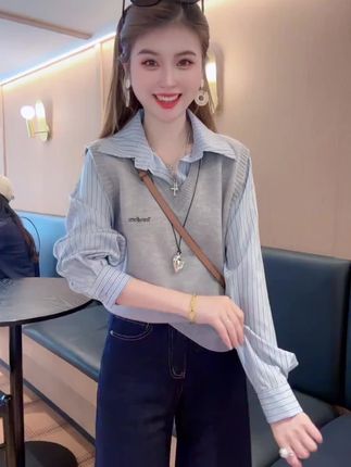 假两件撞色衬衫2025春季新款女装休闲百搭学院风叠穿长袖衬衫上衣#气质穿搭 #百搭学院风 #谁穿谁好看系列 #ootd穿搭 #洋气减龄
