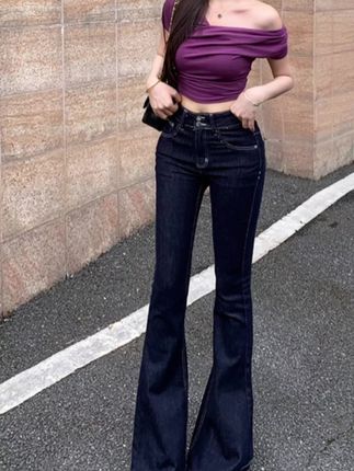原牛丹宁蓝丰胯微喇牛仔裤女2025秋季新款高腰弹力紧身提臀长裤#女裤推荐