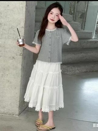 家漾多装短袖半身裙2025新款女大童夏季韩系T恤儿童蛋糕裙两件套#夏季穿搭 #夏天穿搭 #小清新穿搭 #休闲穿搭 #温柔风穿搭