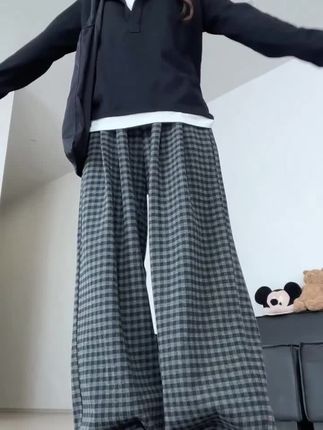 黑灰格子裤女春秋2025新款宽松直筒慵懒松弛感休闲显瘦垂感阔腿裤#面料柔软舒适#时尚休闲#百搭显瘦#ootd穿搭 #谁穿谁好看系列