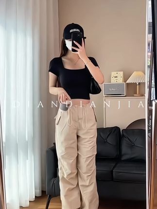 白色方领短袖t恤女春夏低领修身显瘦露锁骨打底衫内搭紧身u领上衣#时尚 #时尚打底衣