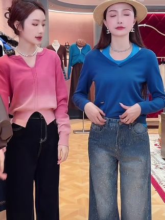 #上热门 韩系假两件拼接撞色针织衫女2025秋季新款小众不撞款减龄显瘦毛衣##