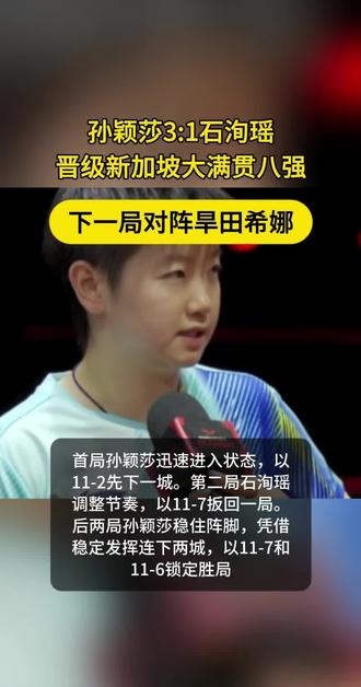 孙颖莎3:1战胜石洵瑶晋级新加坡大满贯八强,将对阵旱田希娜 2026年2月27日,WTT新加坡大满贯女单1/8决赛,
孙颖莎以3比1战胜队友石洵瑶,晋级八强,下一轮将对阵日本选手早田希娜。
首局:孙颖莎迅速进入状态,以11-2先下一城。
第二局:石洵瑶调整节奏,以11-7扳回一局。
后两局:孙颖莎稳住阵脚,凭借稳定发挥连下两城,以11-7和11-6锁定胜局。
孙颖莎:称赞石洵瑶实力强、跑得也快,认为其近一年水平和成绩愈发稳定;坦言本场发挥正常,较前两场更好,比赛立足于拼。#孙颖莎晋级新加坡大满贯八强 #孙颖莎3比1石洵瑶 #孙颖莎vs石洵瑶 #孙颖莎晋级大满贯女单8强 #wtt新加坡大满贯