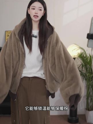 QIUYIDAODI冬季复古重磅帆布水洗仿貂毛情侣座山雕棉服双面穿上衣#今天穿什么 #ootd穿搭 #夹克外套 #摩卡咖啡大衣