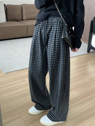 黑灰格子直筒休闲裤女秋冬加绒高腰遮胯显瘦松紧腰阔腿裤#女裤推荐