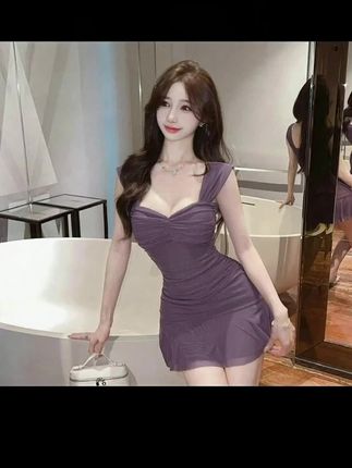 纯欲辣妹性感网纱低胸包臀背心裙军绿色荷叶边露背吊带连衣裙夏季