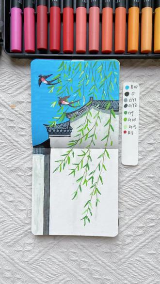 风景画·丙烯马克笔·春风 #风景画教程 #丙烯马克笔 #跟着抖音学画画 #绘画教程 #零基础学画画