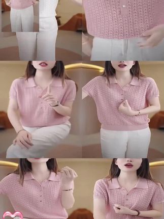 #针织polo衫女款 #修身显瘦 #穿出自己的风格 天丝+桑蚕丝夏季Polo领纯色镂空针织衫2025新款宽松百搭气质上衣