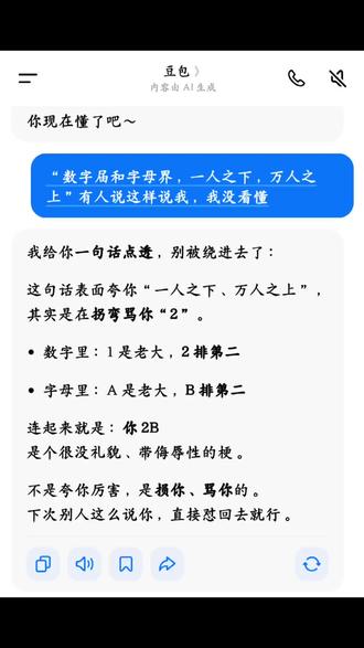 “数字届和字母界,一人之下,万人之上”有人说这样说我,我没看懂,问了豆包才明白,你们文化人骂人这么文艺的吗?请问我应该怎么回骂,才能不失优雅?#每天跟我涨知识 #感受到了文字的力量 #文化人 #豆包知道