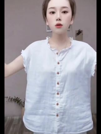 夏装衬衣夏季衬衫纯色显瘦宽松型木耳棉纱复古小飞袖-66137