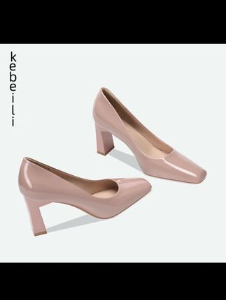 #裸色方头粗跟高跟鞋女2025#裸色方头粗跟高跟鞋女2025春秋新款漆皮配裙子软皮通勤法式单鞋#汽车梦