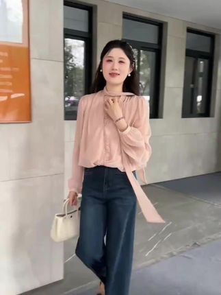 法式小众气质复古飘带衬衫蕾丝边女秋季宽松显瘦V领百搭