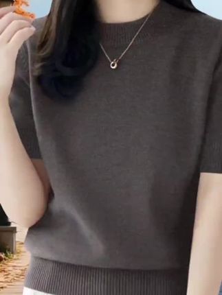 2025年气质圆领百搭内搭打底女装新款秋季中袖宽松上衣针织衫女士