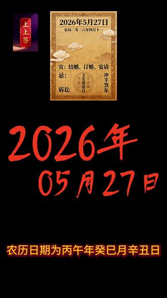 📅 2026 年 5 月 27 日(周三)
农历:丙午年 四月十一 生肖:马 星座:双子座
干支:丙午年 癸巳月 辛丑日 五行:璧上土 执位:成日(玉堂黄道日)
✅ 宜
祭祀、祈福、求嗣、开光、订盟、纳采、解除、动土、起基、进人口、开市、交易、立券、纳财、造仓、开池、栽种、纳畜、破土、安葬
❌ 忌
安床、上梁、裁衣、入宅、嫁娶
🔴 冲煞
冲羊(乙未)煞东,属羊者今日不宜远行东方、不宜大额决策
🙏 吉位
财神:正东
喜神:西南
福神:西北
⚠️ 彭祖百忌
辛不合酱主人不尝,丑不冠带主不还乡
🌟 生肖红黑榜
红榜(吉):鼠、蛇、鸡
黑榜(慎):羊、狗、龙、马 #黄历 #黄历简介 #民俗