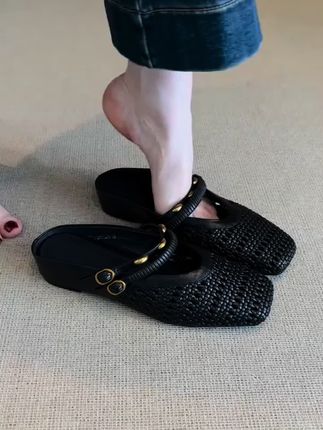 羊皮版~百搭黑色手工编织镂空透气包头凉鞋女金属方头半拖凉鞋#凉鞋推荐@DOU+上热门
