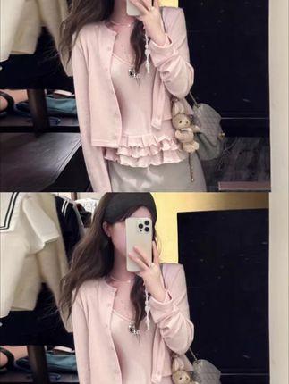iamannieww秋季木耳边针织粉色吊带开衫两件套装女外套洋气上衣潮#秋季新款#遮肉显瘦#面料柔软舒适#针织开衫套装#洋气减龄穿搭