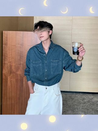 既能单穿又能叠穿的牛仔衬衫薄外套秋季新款牛仔衬衫男,潮流复古做旧软牛仔衬衣休闲百搭宽松舒适#男生穿搭 #牛仔衬衫 #长袖衬衫 #翻领衬衫