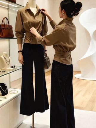 #职场穿搭套装 #卡其色收腰衬衫 #高腰阔腿裤显瘦 #轻熟风女装 #气质通勤穿搭