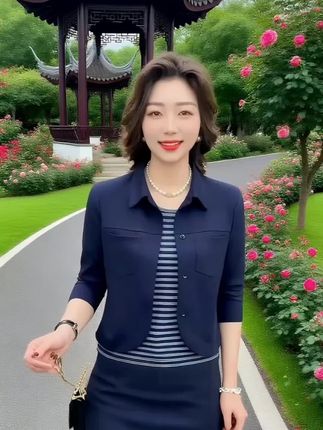 秋季新款时尚翻领假两件洋气妈妈装修身显瘦休闲长袖上衣K2589#穿搭分享 #女装穿搭 131313