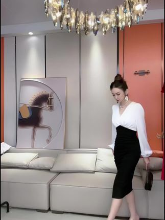 许我耀眼赵露思许妍同款黑白撞色拼接衬衫连衣裙气质高级感包臀裙#早秋新款 #连衣裙 #谁穿谁好看 #穿出高级感