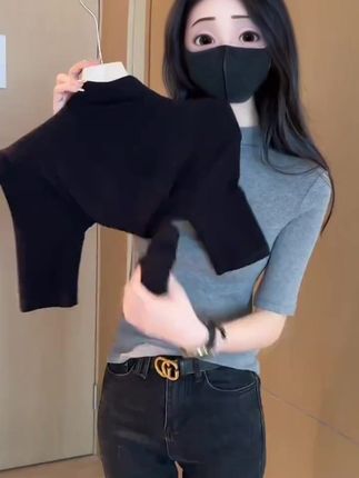 早秋修身显瘦小立领T恤女五分袖百搭洋气纯色打底衫内搭上衣3888#T恤 #T恤推荐 #t恤女 #立领T恤 #打底衫