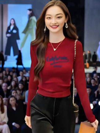 #新款百搭打底衫#秋季酒红色复古显白修身圆领长袖T恤女上衣 #森系少女感穿搭