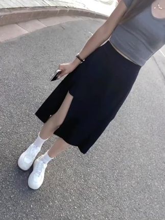 不规则开叉黑色半身裙女春夏中长款A字裙2025安全裤高腰大码裙子