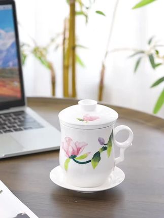 成艺满堂春粉彩人工手绘茶水分离办公室四件套茶杯带网红茶器#好东西一起分享