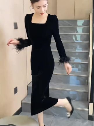 连衣裙显瘦气质长袖黑色修身名媛时尚小黑裙法式长款赫本风裙子女