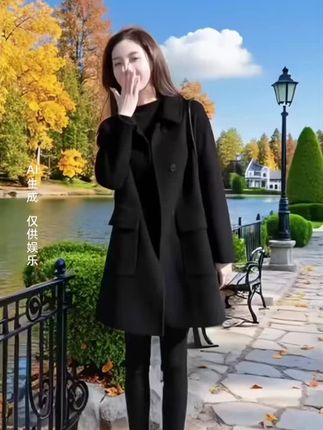 #早秋韩系穿搭 纯色大码新款女装韩版宽松中长款毛呢外套女双排扣显瘦呢子大衣#时尚呢子大衣 #毛呢大衣