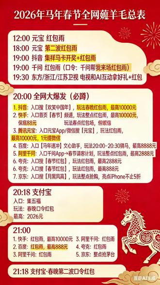 全网薅羊毛总表
12:00 元宝 红包雨
18:00 元宝 第二波红包雨
19:00 抖音 集祥马卡开奖 + 红包雨
19:00 千问 红包雨 口令:千问帮我来场红包雨
19:30 东方/浙江/江苏卫视 电视和AI互动拿好礼 + 红包
二、20:00 全网大爆发(必蹲)
1. 抖音:入口搜「欢笑中国年」,玩法春晚红包雨,最高10000元
2. 快手:入口首页「春节」频道,玩法整点红包雨,最高10000元,保底88元
3. 腾讯元宝:入口元宝App/微信搜「元宝」,玩法红包雨,最高10000元,1元提微信
4. 百度:入口【马年速冲】文心助手,玩法20:00–20:30猜马,最高8888元
5. 阿里千问:入口千问App→春节请客计划,玩法整点红包雨,最高2888元
6. 夸克:入口搜「春节红包」,玩法红包雨,最高888元
7. 京东:入口搜「月黑风高」,玩法整点抢购,亮点iPhone不止5折
三、20:18 支付宝
• 入口:集五福
• 玩法:春晚口令红包
• 最高:2026元
四、21:00
1. 快手:红包雨,最高10000元
2. 百度:红包雨,最高888元
3. 阿里千问:红包雨
4. 夸克:红包雨
5. 京东:整点抢茅台
五、21:18 支付宝·春晚第二波口令红包
六、22:00
1. 快手:红包雨
2. 百度:红包雨
3. 阿里千问:红包雨
4. 夸克:红包雨
5. 京东:AI机器人2026元
七、22:18 支付宝
• 五福终极瓜分5亿
• 最高2026元
八、23:00
1. 快手:最后一场红包雨
2. 京东:帝王蟹26元
九、00:00 跨年场
1. 京东:大牌口红26元
2. 全平台:终极开奖、大额红包集中场
十、小红书(除夕全程)
• 入口:搜「新春小红盒」
• 时间:20:00–24:00三轮开奖
• 最高:2026元
#薅羊毛 #除夕夜幸福瞬间 #抢红包 #福利 #红包