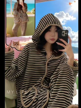 条纹加绒睡衣 #慵懒风穿搭 #睡衣外穿 #睡衣家居服 #在家也要美美哒