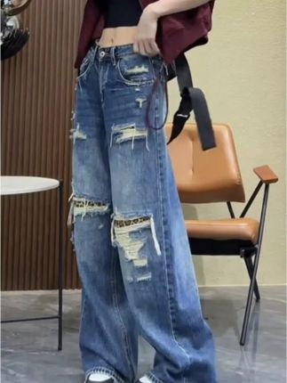 艾塔莉破洞牛仔裤子女2025春季新款梨形身材阔腿裤胖mm大码弯刀裤#秋季新款破洞弯刀裤#时尚潮流阔腿裤#新品热卖中