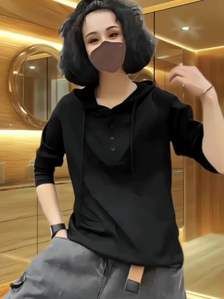 带帽T恤衫连帽遮肉百搭2025春秋新款宽松显瘦打底衫外穿洋气小衫#高级感穿搭 #早秋穿搭#显瘦遮肉#气质穿搭