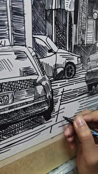 10岁小朋友画的香港线描画,建筑线描画 小朋友纸画了6个小时就完成#钢笔画 #黑白画 #针管笔 #线条画 #风景速写