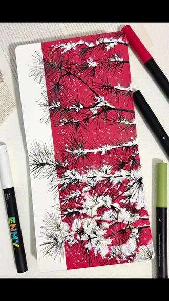 “总觉得冬天是安静的,直到画下这棵落雪的松树。 #丙烯马克笔 #一起学画画 #手绘 #画画 #绘画日常 临摹@六条