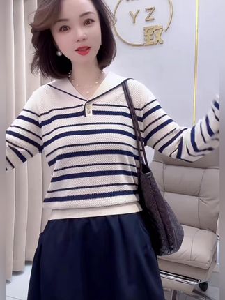 【80-160斤】海军领翻领条纹套头针织衫2025秋冬打底长袖上衣女318#谁穿谁好看 #穿出高级感 #高级感穿搭 #新款 #这也太好看了