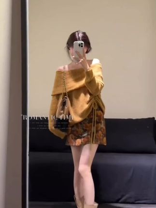 2025早秋新款女法式复古荡领长袖针织上衣百搭高腰显瘦印花半身裙