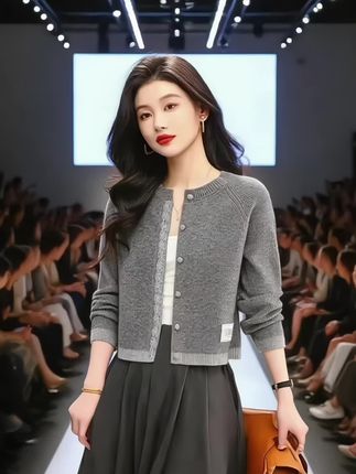 这款上衣是一款灰色短款针织开衫,采用细腻针织面料,质感柔软亲肤。圆领设计简约大方,门襟的纽扣排列整齐,侧边还点缀了精致的蕾丝元素,增添了几分柔美。插肩袖的剪裁舒适不挑身材,短款版型能很好地修饰比例,无论是内搭白色背心,还是外穿都很合适,日常通勤或休闲出行都能展现出优雅随性的风格。