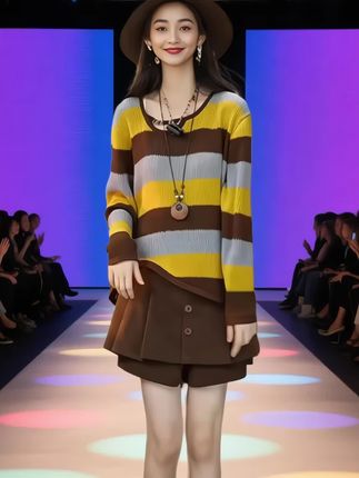 纯欲慵懒风套装女2025年春秋新款条纹撞色长袖针织衫半身裙两件套#每天穿搭分享 @DOU+上热门 @DOU+小助手