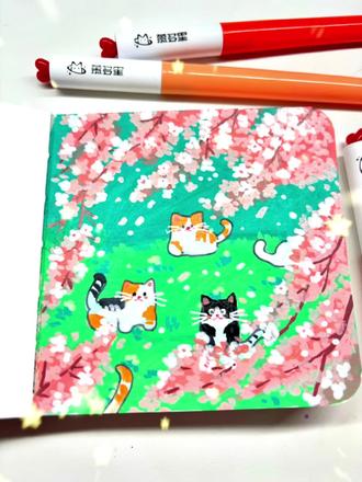 翻翻乐1️⃣7️⃣樱花下的小猫🌸 春天到了樱花开了,拿起笔画了这张樱花小猫插图,用明快的颜色和可爱的画面,驱散日常的疲惫,给自己一份小小的疗愈。#马克笔 #艺术种草指南 #春天的色彩 #春天请你画朵花#慕多星丙烯马克笔