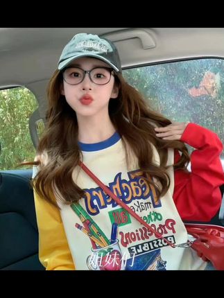 美式复古印花长袖t恤女2025新款秋季潮牌设计感纯棉宽松撞色上衣#每日分享 #穿搭分享 #手绘教程 #出游穿搭