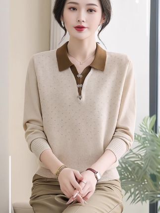 妈妈秋装翻领针织衫毛衣新款秋冬洋气上衣中老年打底衫#针织衫穿搭 #针织衫女 #针织衫毛衣 #针织衫 #打底衫