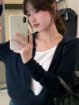 2025韩版秋季新款高级感简约假两件V领纯色显瘦长袖针织衫上衣女