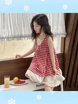 #夏季穿搭 女童夏款连衣裙夏季新款韩版简约甜美可爱格子中大儿童无袖公主裙#高品质童装 #女童穿搭 #女童套装 #萌娃穿搭