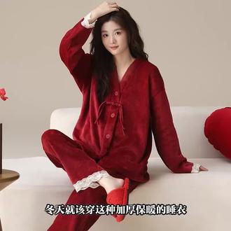 维多利亚新中式珊瑚绒睡衣女冬季加厚保暖法兰绒红色本命年家居服
