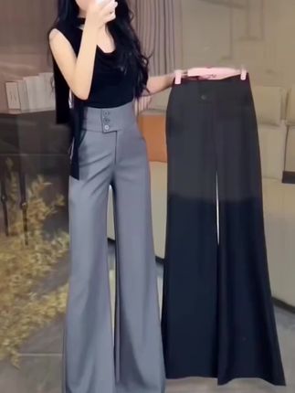 早秋高腰显瘦阔腿裤百搭休闲三扣微喇裤8932