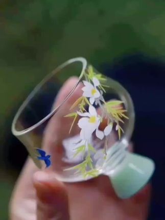 高硼硅春暖花开绿色高脚圆口杯,简约茶杯,功夫茶具,品茗杯#高脚杯 #圆口杯 #茶杯 #功夫茶具 #品茗杯