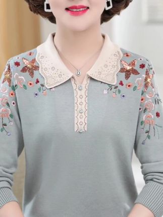 中年妈妈秋装长袖针织毛衣绣花上衣新款厚中老年女春秋洋气打底衫#中老年女装 #妈妈装 #洋气打底衫 #长袖针织衫 #好物推荐🔥